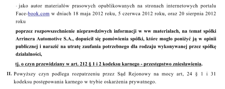 arrinera oskarżenie 