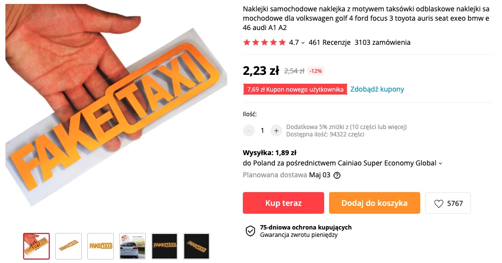 naklejka fake taxi z aliexpress 