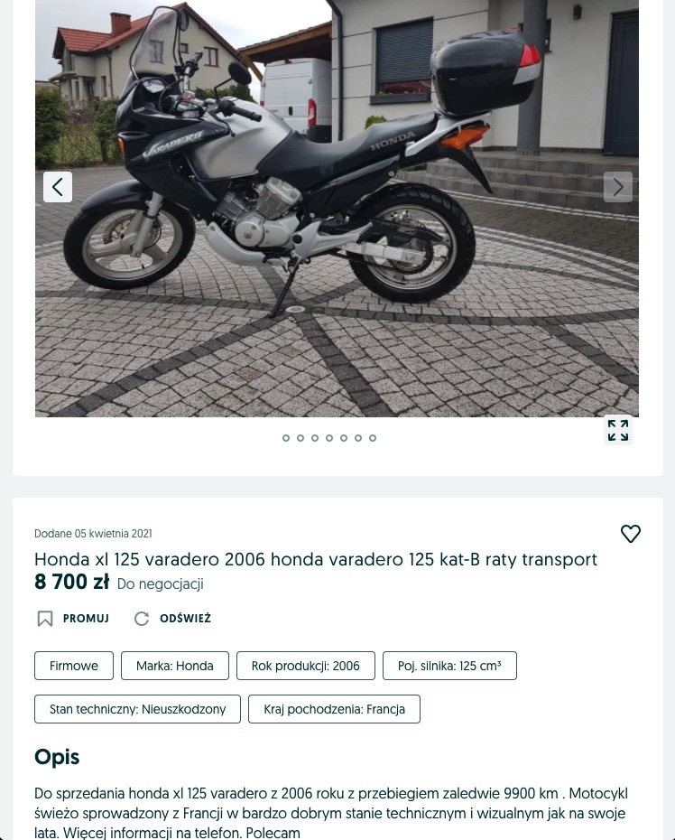 honda varadero 125 sprowadzona