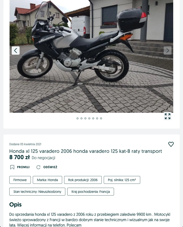 honda varadero 125 sprowadzona 