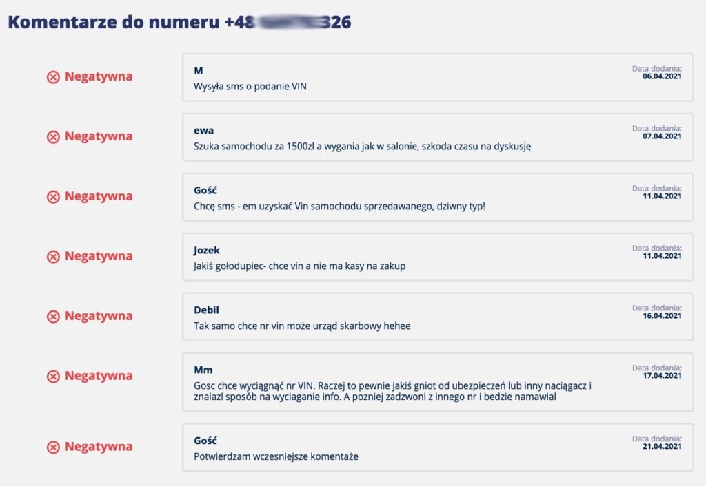 nieznany numer prosi o vin