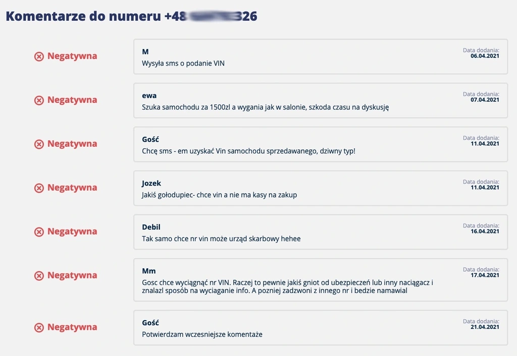 nieznany numer prosi o vin