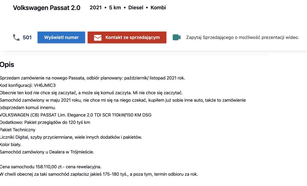 ile za odstąpienia zamówienia na samochód 