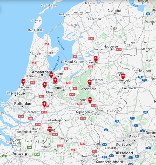 mapa superchargerów Holandia nie Tesla 