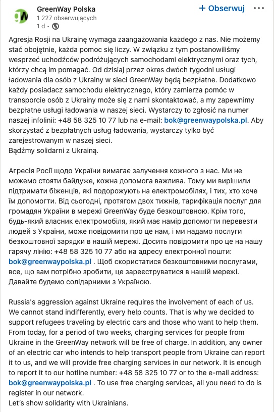 greenway darmowanie ładowanie dla Ukrainy 