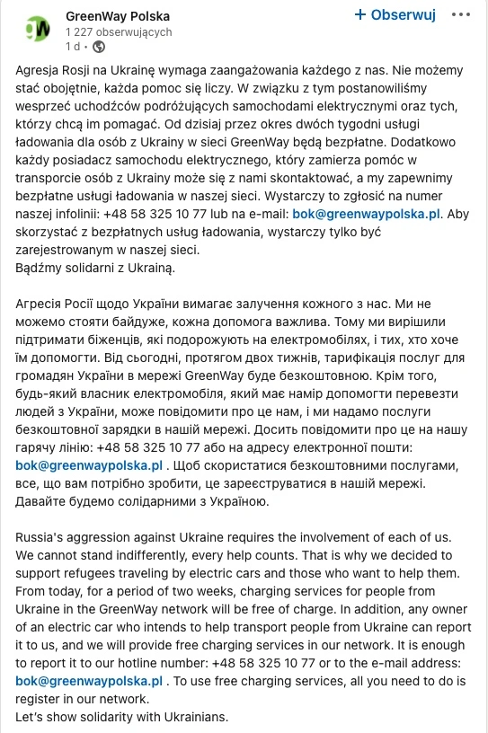 greenway darmowanie ładowanie dla Ukrainy 
