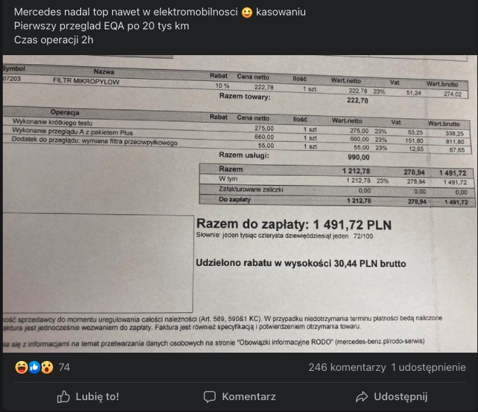 przegląd Mercedes EQA koszty 