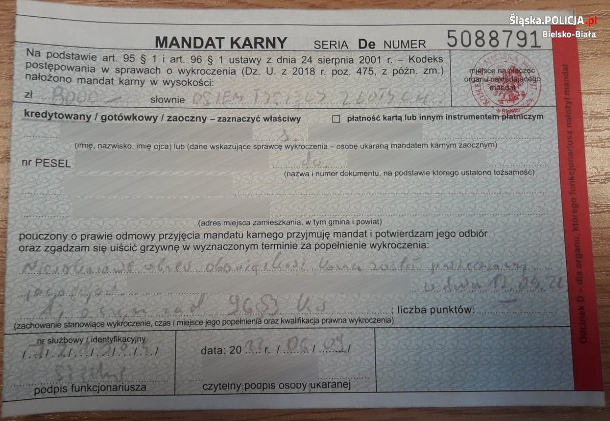 mandat 8000 zł za niewskazanie sprawcy