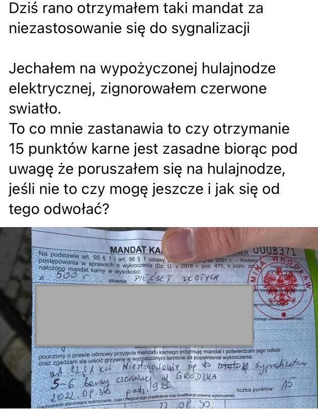 przejechanie hulajnogą elektryczną na czerwonym 
