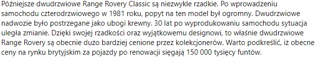 ile kosztuje range rover