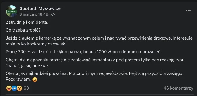 zatrudnię konfidenta do nagrywania wykroczeń drogowych